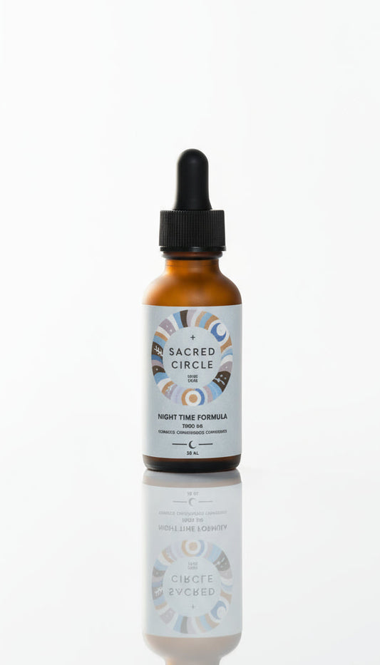 Bottle of Sacred Circle tincture with dropper on a white background