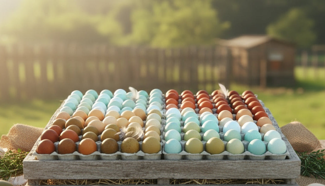 Assorted colored eggs on a wooden crate with a natural outdoor background